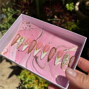 Pink and White Press-On Nails with Gold Accents